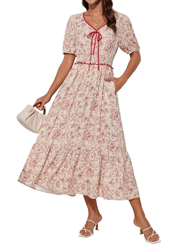 GRACE KARIN 2025 Women's Summer Floral Midi Dresses with Pockets, V-Neck Short Sleeve A-Line Flowy Casual DressesBeige Pink M