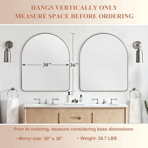 Image of ANDY STAR Arched Mirror, 30 x 36 Inch Brushed Nickel Wall Mirror in Stainless Steel Metal Frame, Arch Top Rounded Corner 1 Inch Deep Set Design Wall Mount Hangs Vertical