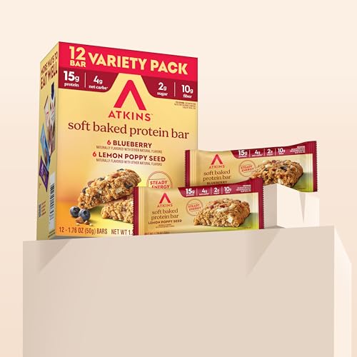 Image of Atkins Soft Baked High Protein Bars, Lemon Poppyseed & Blueberry Flavors, 15g Protein, 4g Net Carbs, 2g Sugar, Keto Snacks, Low Sugar Protein Bars, High Fiber Snacks, 12 pk (6 bars each flavor)