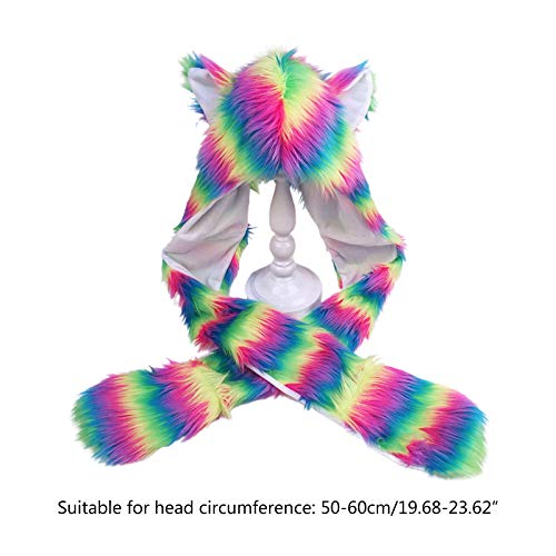 Women Rainbow Stripes Furry Animal Hoodie Hat Plush Ears Paws Earflap Scarf Gloves Mittens Warmer Color A4