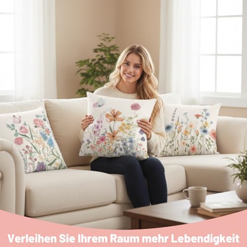 ZYLOUY 4 Stück Blumen Kissen Bunt, 45 x 45 cm, Garten und Balkon Dekoration, Kissen für Outdoor-Möbel, Frühling Gartenkissen Bunte Blumen und Schmetterlinge Kissenbezug Werden