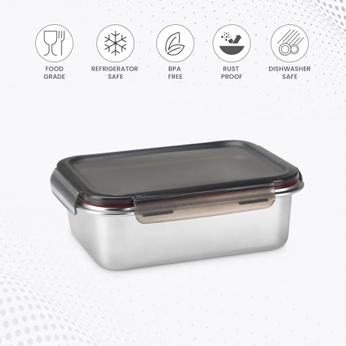 Image of MILTON New Modulo Steel Rectangular 1300 Container with lock lid|Airtight & Leakproof|Microwave & Oven safe| Light Weight | School, Office or Picnic use, 1200 ml, Silver