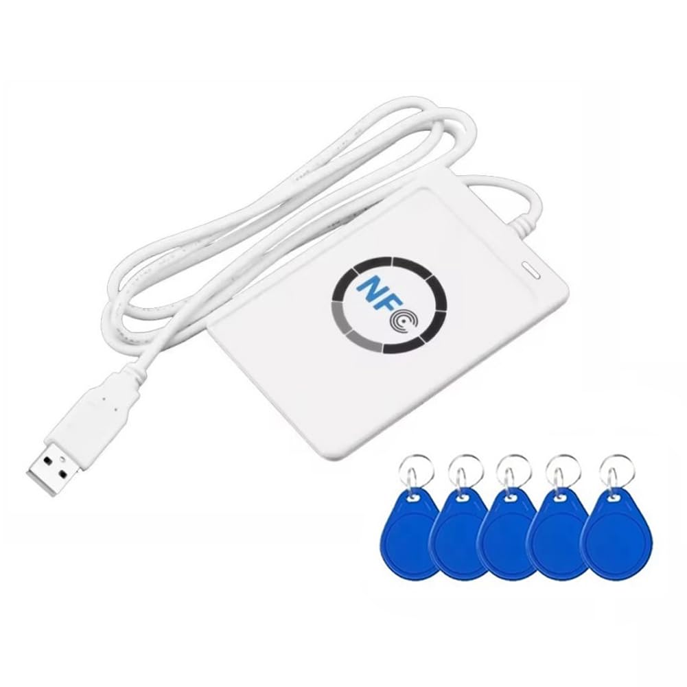 ACR122U - Lector de tarjetas inteligentes RFID IC duplicador + 5 llaveros CUID grabables, clon grabable de 13,56 MHz ID IC tarjeta copiadora