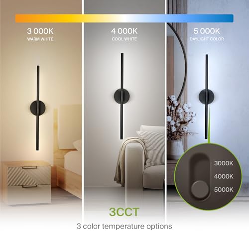 ASD LED 24\" Linear Tube Wall Sconce, Modern Bathroom Light Bar | 3CCT, Dual 360° Rotatable, Dimmable, ETL Listed | 8W 666LM 3000-5000K 100-277V | Bedroom, Hallway Vanity Lighting | Black