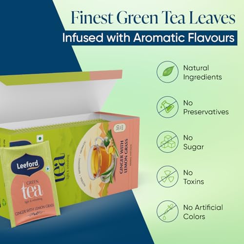 Image of Leeford Ginger Lemongrass Green Tea 30 Tea Bags (Pack of 2) | All Natural Flavour | Zesty Immunity Booster | Antioxidant Powerhouse | 100% Natural Digestion Aid | Brews Best with Added Honey | Milk-Free & Fuss-Free