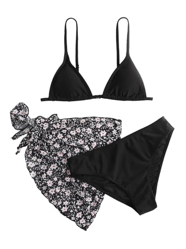 Image of SHENHE Girl's 3 Piece Swimsuit Cute Spaghetti Strap Triangle Bikini with Ditsy Floral Print Cover Up Kid Bathing Suit Black 170