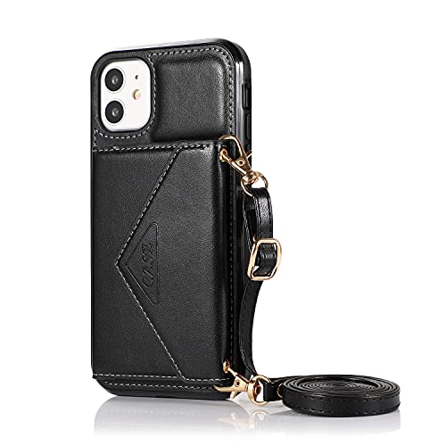 Keikail Funda con Cuerda Compatible con iPhone 11 6.1" Carcasa de Silicona TPU PU con Ajustable Cordón y Ranuras para Tarjetas para iPhone 11, Negro Cover