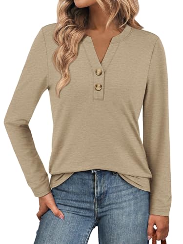 ATHMILE Long Sleeve Shirts for Women 2025 Fall Outfits Henley Dressy Casual Tops Trendy Blouses Cute T-Shirts Fashion Clothes Khaki
