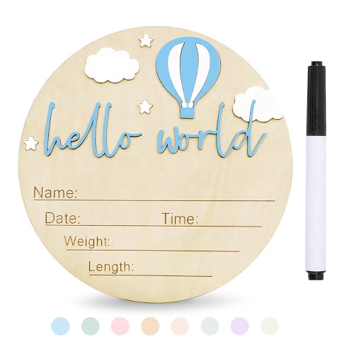 Image of Xyndrella Baby Announcement Sign with Pen, 5.9 Inch Wooden Hello World Newborn Sign for Hospital, 3D Birth Announcement Board, Welcome Baby Name Signs for Nursery, Newborn Boy & Girl,Blue Balloon