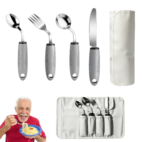 4-teilig Parkinson Besteck Rechtshänder 42° Winkel Adaptives Besteck mit rutschfestem Griff, 85 g Gewichtetes Besteckk Bei Tremor für Behinderte Menschen Parkinson Patienten Ältere Arthritis