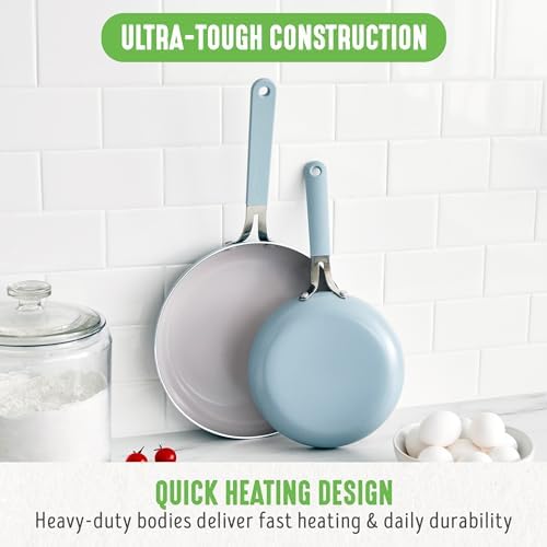 GreenLife 8” & 10” 2 Piece Nonstick Ceramic Frying Pan Set, Lightweight Healthy PFAS-Free Skillets, Dishwasher & Oven Safe, Durable Body, Silicone Stay-Cool Handles, Easy Release, Blue Haze - Thumbnail 3