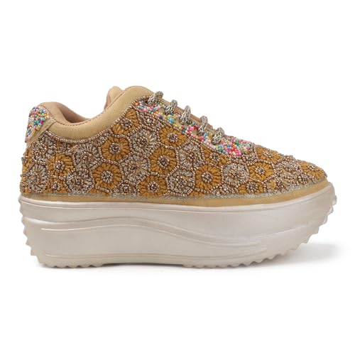 Image of Vendoz Women Hand Embroidery Wedding Party Bridal Floral High Heel Sneakers I Cushioned Insole I Comfortable Wear Wedge Shoes I for Ladies and Girls
