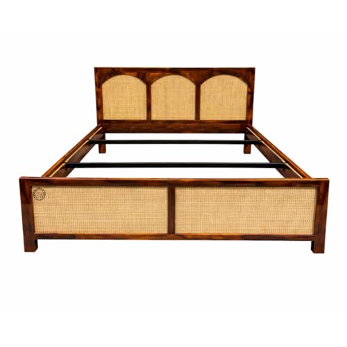 Image of SHRI MINTU'S ART Wooden Cane Bed Frame with Rattan Panels | Solid Wood Platform with Arched Headboard and Footboard | Bedroom Furniture Bed Structure for Mattress Support | (72x78) Inch King Size Bed