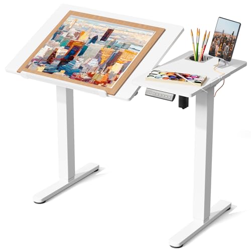 Image of JOY worker Electric Drafting Table, 40x20 inch Height Adjustable Standing Art Desk, Drawing Workstation with 0‑90 Tiltable Surface, Cup Holder & Cable Management for Artist Craft Home Studio, White