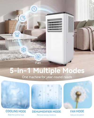 Image of 8000 BTU Portable Air Conditioner, 5-in-1 Portable AC Unit Cools Up to 350 Sq.Ft, Quiet Portable AC with Cool, Fan, Dehumidifier, Sleep, Remote, 24H Timer, Window Kit for Bedroom Apartment
