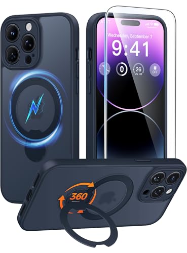 Image of FNTCASE for iPhone 14 Pro Case: [360 Spin Magnetic Stand] [Compatible with Magsafe] [Screen Protector] Translucent Matte Military Grade Shockproof Full Camera Protective Phone Cover - Deep Blue