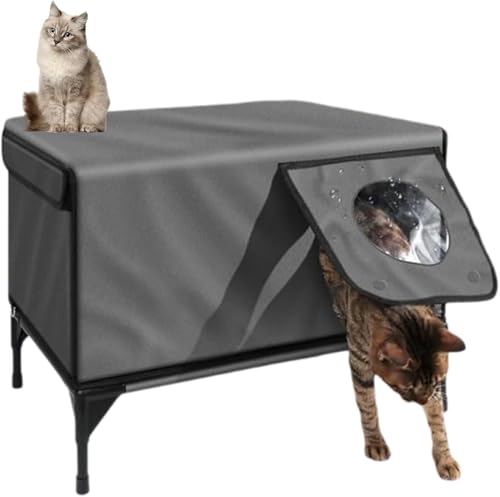 加熱式屋外猫ハウス、13cm高台ベース付き野良屋外猫シェルター、ヒーター付き断熱屋外猫シェルター、防水&断熱&安全な避難ドア、野良納屋猫用 (L,グレー)