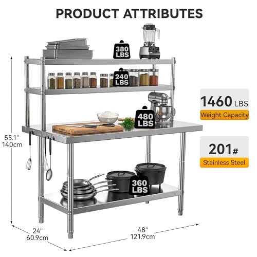 Image of DWVO 48x24in Stainless Steel Table with Adjustable Overshelf | NSF Metal Prep Worktable for Kitchen Restaurant Hotel Garage Warehouse Home Commercial