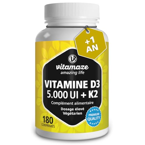 Vitamine D3 K2 Haute Dose, Vitamine D3 5000 UI + Vitamine K2 (MK7) 100µg - Pour les Os, les Muscles, le Système Immunitaire - Naturelle Sans Additifs et Haute Biodisponibilité - Qualité Allemande