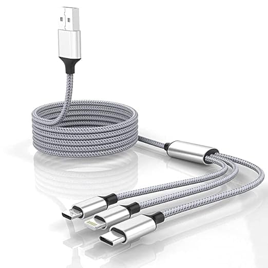 Image of Unbreakable 3 in 1 USB Fast Charging USB Cable with Type C,Micro USB Port with 2.1 A, Compatible with iPhone, iPad, Samsung, OnePlus, Oppo, Vivo, Xiaomi, 1.25M (Trio-11, Black)