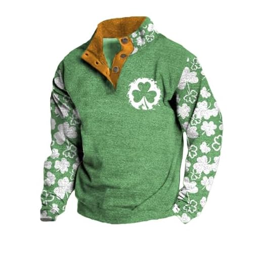 Ciewfwe Mens St Patricks Day Sweatshirt Irish Three Leaf Clover Green Printed Stand Collar Long Sleeve Pullover Clothes Top