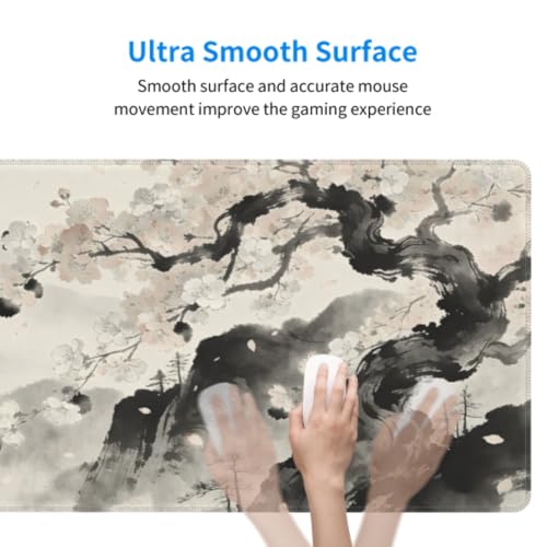 Image of Watercolor Painting Japanese Mouse Pad 31.5x11.8 XL Red Black Grey Cherry Blossoms Extended Large Mousepad Keyboard Mouse Mat Desk Pad with Non-Slip Rubber Base Stitched Edges for Home Office Game
