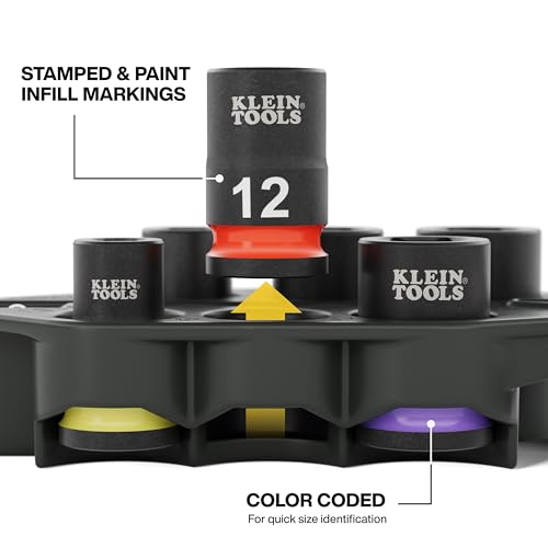 Image of Klein Tools 33808M Grab-And-Go Impact Socket Set, Metric, 7-Piece Set with Sleeve, Carabiner, 3 /8-Inch Drive, Color-Coded 8 mm, 10 mm, 12 mm, 13 mm, 14 mm, 15 mm Sockets