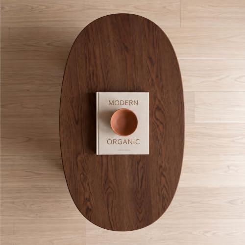 Image of Mango Wood Oval Coffee Table for Living Room, Modern Wooden Center Table with Unique U-Shaped Legs, Walnut Finish