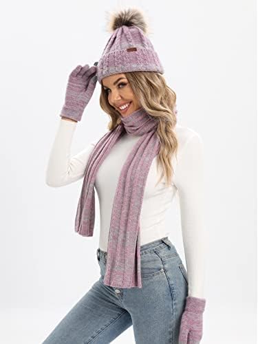 NATUST Womens Hat Scarf Gloves Set Winter Thicken Knitted Beanie Soft Long Scarf Touchscreen Gloves