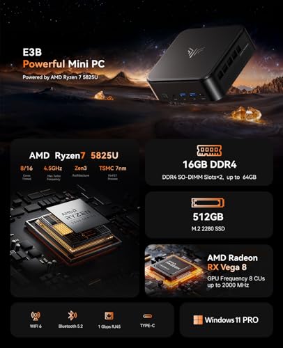 NiPoGi E3B Mini PC AMD Ryzen 7 5825U(Bis zu 4,5GHz) 16GB DDR4 512GB SSD mit Radeon RX Vega 8 Graphics Micro Desktop Computer Für Büro/Heimkino/Meeting/Business/Trip |WiFi 6|BT 5.2|USB3.2 – Bild 3