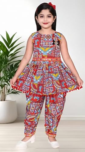 Image of Girls Ethnic Kurti and Dhoti Pant Set - Sleeveless Printed Outfit with Pom-Pom Hem | Dress for Kids