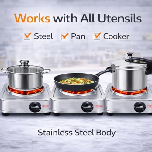 Image of DRUMSTONE ( 2026 Brings 5 Years Warranty ) 2000W Stainless Steel Electric Coil Stove | Heavy Duty Single Burner Hot Plate | Adjustable Heat Control | No Gas Cooking | Portable Kitchen Cooktop