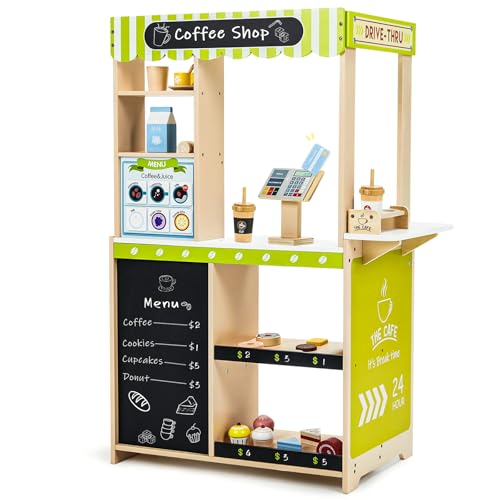 24 Pcs Pretend Play Coffee Shop, Toddler Grocery Store Set, Woode...