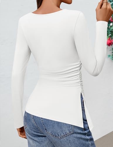 Image of ZESICA Womens Floral Long Sleeve Shirts 2026 Spring Boat Neck Mesh Ruched Tops Fitted Asymmetrical Going Out Blouses
