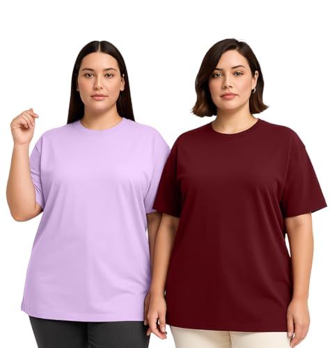 Image of JUNEBERRY 100% Pure Cotton Oversized Baggy Fit Drop Shoulder Solid Core Plus Size T-Shirt Combo for Women (Pack of 2) (Sizes from: 2XL to 5XL)