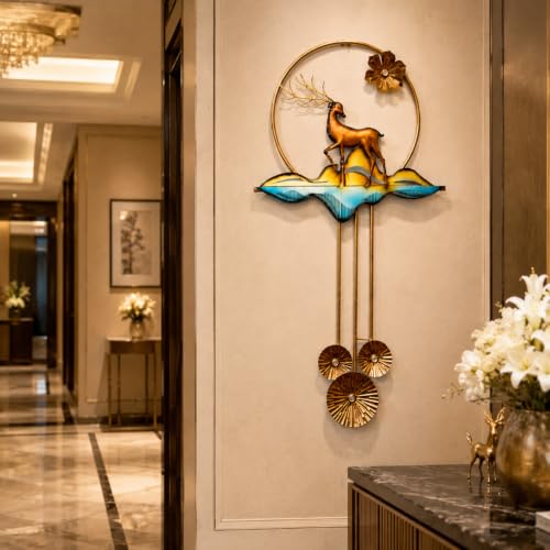 Image of SHREE 'O' GREEN TECH - Metal Large Deer Wall Art Decorative Hanging Sculpture with Golden Floral Details Multicolor Design for Home Living Room Bedroom Office (Size 22x42 Inch)