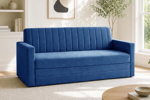 Image of Modern Three Seater Sofa Cum Bed with Armrest, Velvet Fabric Sofa for Living Room, Space Saving Foldable Sleeper Sofa, (Blue-Color)