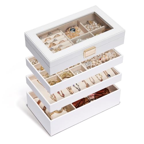 Seelux Organizador de Joyas, Apilable, con Tapa de Cristal, Divisores Extraíbles para el Tocador, Idea de Regalo para Niñas y Mujeres (Blanco)
