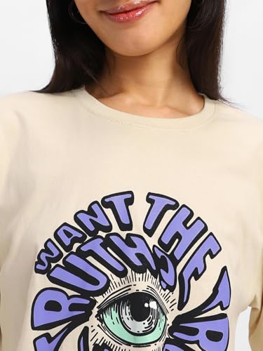 Image of JUNEBERRY Oversized Loose Baggy Fit Drop Shoulder Half Sleeves Pure Cotton Want The Truth Swan White & Viva Magenta Graphic Printed Cool Boyfriend T-Shirt for Women