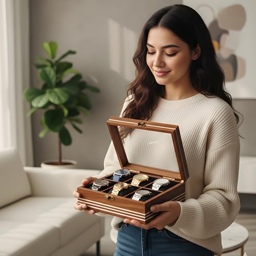 Image of Watch box for women & men, Wooden organizer, Handmade Holder For Men, Custom Valet Box with Brass Lock, Christmas, Anniversary, Valentine;s Day, Father's Day (Dark Brown 6 Slots)