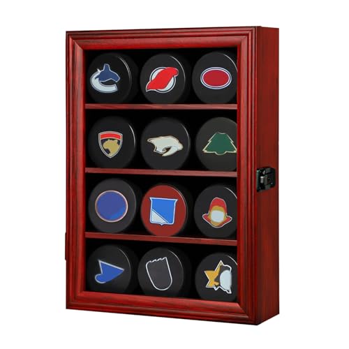 Mstrse Solid Wood 12 Hockey Puck Display Case - Puck Holder Wall Mount Cabinet Stand - Hockey Puck Shadow Box with Real Glass for Collection Hockey Puck Small Mahogany
