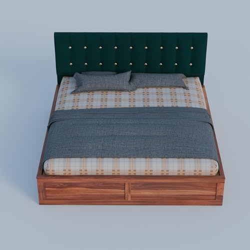 Image of Sheesham Wood Queen Size Bed with Storage Box | Upholstered Beds | Platform Cot with Cushioned Headboard | Double Bed for Home | Recommended Mattress 78x60 Inch | Bottle Green & Honey Finish