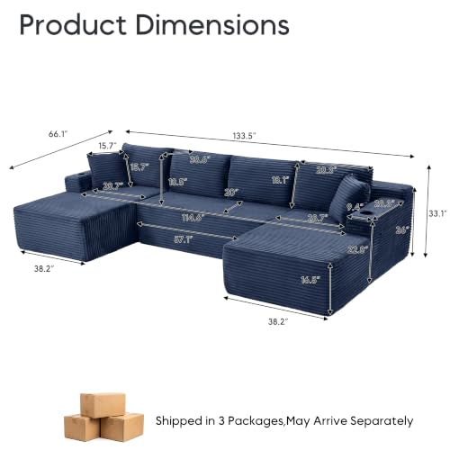 Image of 133 inch Oversized Cloud Boneless Sofa Couch with Chaise, Modern Corduroy U Shaped Modular Sectional Sofa with Deep Seat, Comfy Couch with Cupholders and Storage, No Assembly Required-Blue