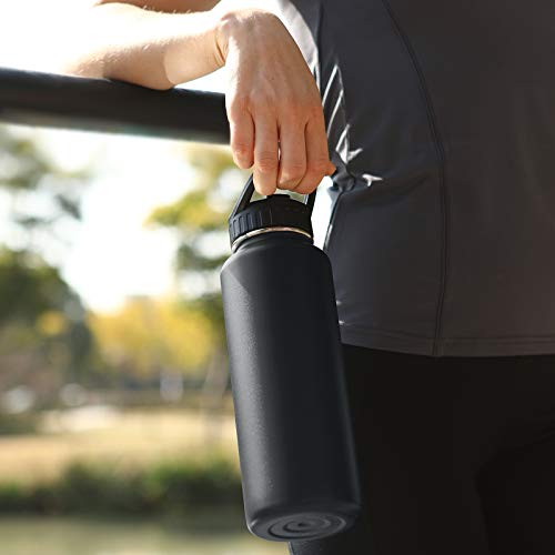 Letsfit Insulated Water Bottle with Wide Mouth Straw Lid & Handle Lid, Vacuum Stainless Steel Flask Multiple Sizes and Colors, Black, 32oz