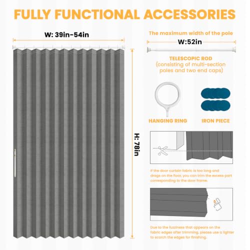 Image of AJAZZ Blackout Magnetic Door Curtain with Curtain Rods 39-52 in Length Pleated Door Curtain Folding Door Invisible Applicable Bedroom Room Living Room Doorway (1 Panel, 52 W x 78 L, Dark Grey)