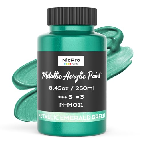 Image of Nicpro Metallic Emerald Green Acrylic Paint, 8.45oz /250ml Craft Paints | Large, Non Toxic, Non Fading Pearlescent Paint for Metal, Wood, Clay, Canvas, Ceramic, Furniture, Handcrafts, Art Supplies