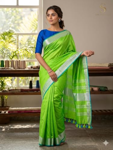 Image of STB-SILK TEXTILES BHAGALPUR Women's Linen Slub Saree With Contrast Blouse Piece