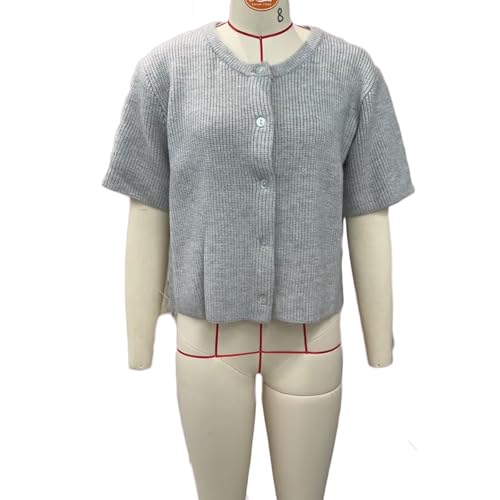 Image of SOLILOQUY Women's Y2K Crop Cardigan Sweater Short Sleeve Round Neck Button Down Sweater Fall Winter Knit Top Streetwear (Gray, XL), X-Large