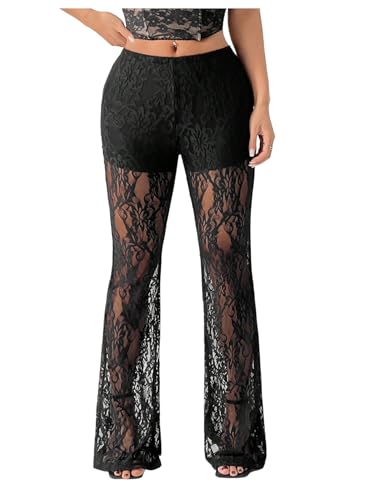GORGLITTER Women's Plus Size Floral Lace Sheer Rave Pants Sexy High Waisted Mesh Flare Pants