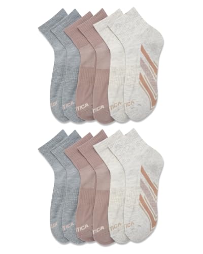 Image of Nautica Womens Quarter Socks Moisture Wicking Cushioned Socks, 12 Pack | Stretch Performance Dri-Motion Fabric, Cushioned with Arch Support, Breathable Mesh Panels, Quarter Cut, Shoe Size 4-10